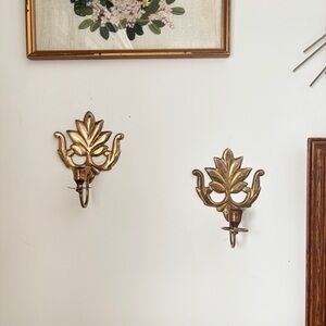 Vintage Pair of Brass Fleur de Lis Wall Sconce Candle Holders